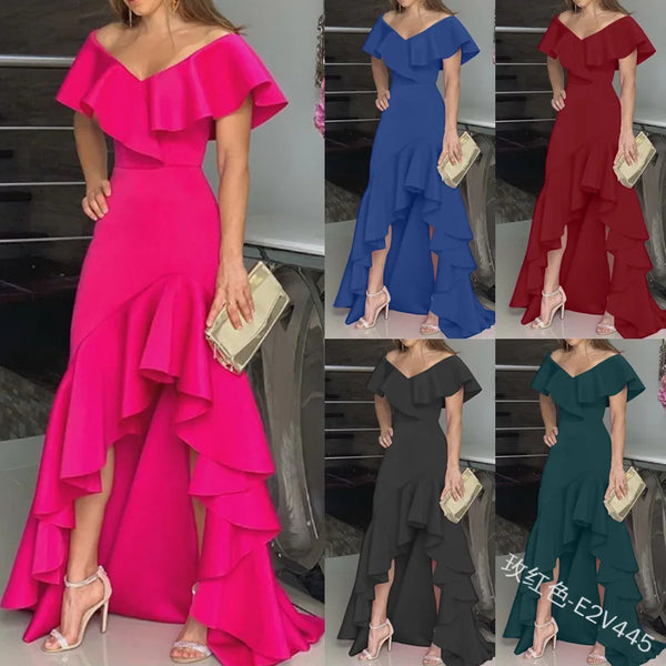 European American Elegant Party Dresses Sexy V-neck Irregular Solid Color Hem Ruffle Women Maxi Dress Short Sleeve Floor-Length