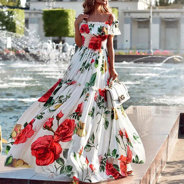 2024 Spring Summer Women's Wear New Fashion One Shoulder Printed Holiday Dress Long Loose Maxi Dress