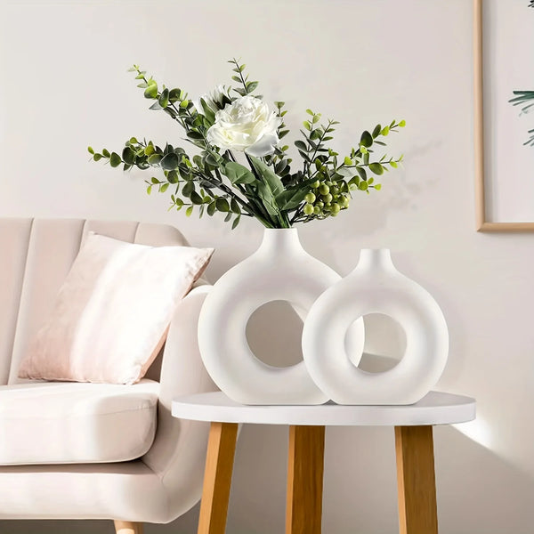 White Ceramic Vases, Modern Hollow Round Design vase Perfect for Pampas Flower and Home Decor, Nordic Minimalist Boho Style Deco