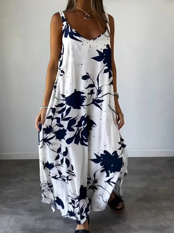 Vintage Women Backless V Neck Printed Long Dress Casual Loose Sleeveless Femme Dresses 2024 Summer Holiday Party Vestidos